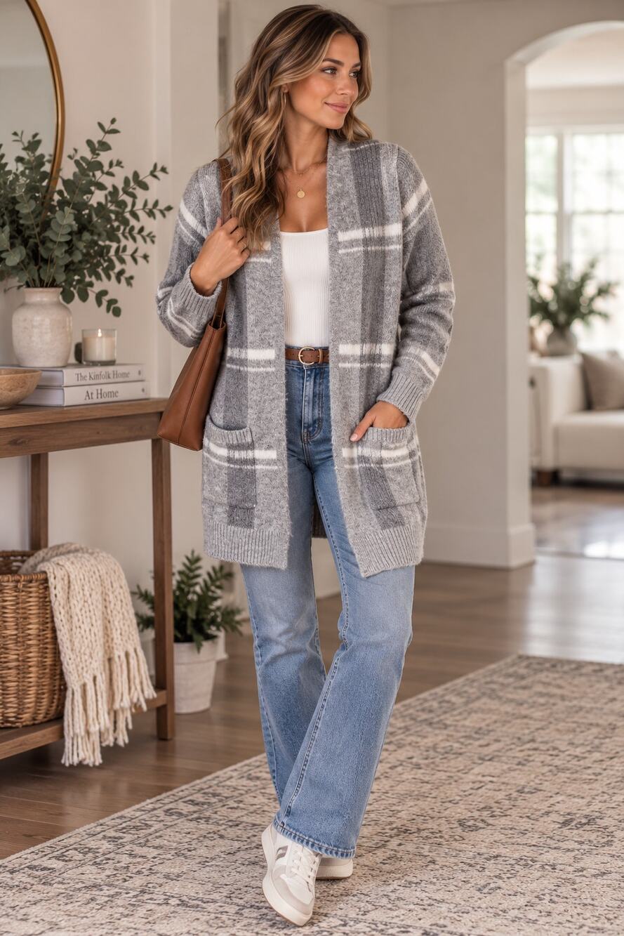 LOFT M Gray Plaid Long Hooded Cardigan Sweater Open Front Pockets